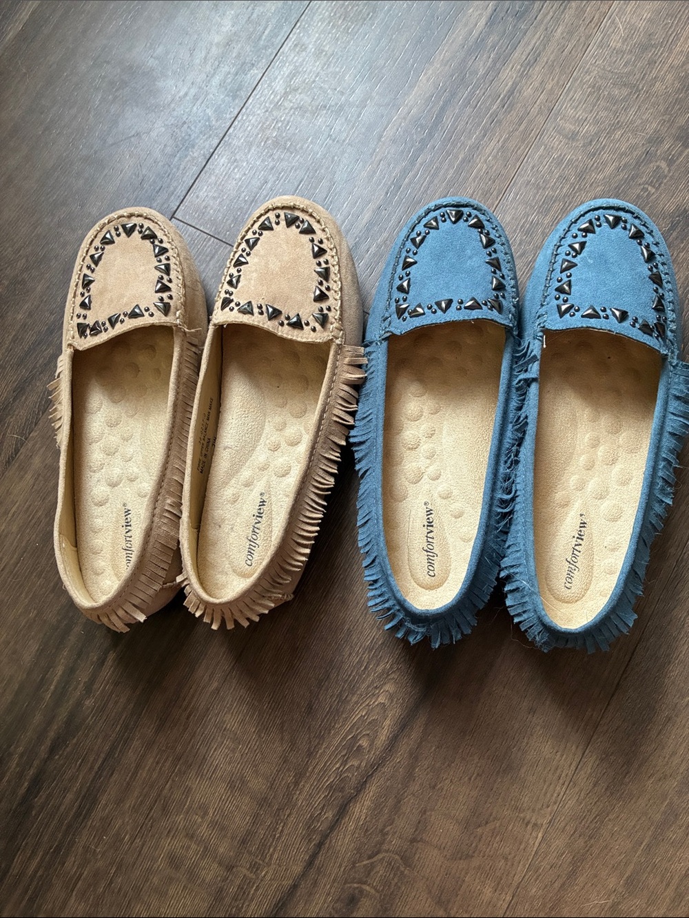 comfortview Fringe Moccasin Loafers in Tan and Blue Suede 7wide